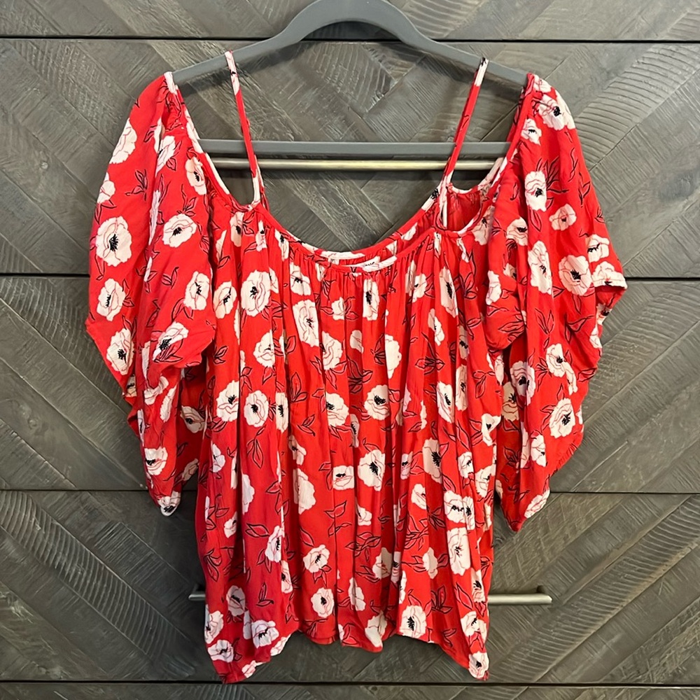 Red Floral Peasant Off-Shoulder Top